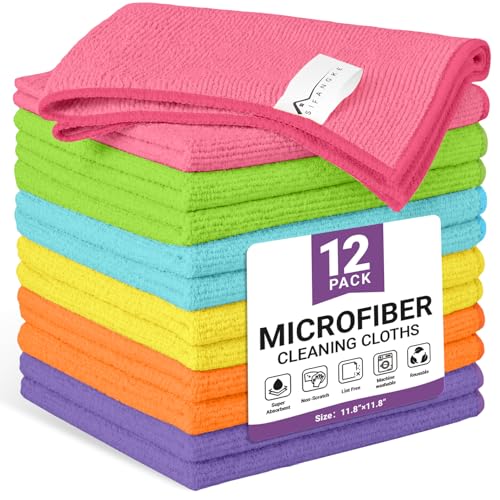 Image of 12 Pack Microfiber Cleaning Cloth, 6 Assorted Colors Cleaning Rags for Housekeeping, Colorful Reusable Microfiber Towels for Car, Kitchen, Bathroom and Household Cleaning Supplies, 11.8 inchX11.8 inch