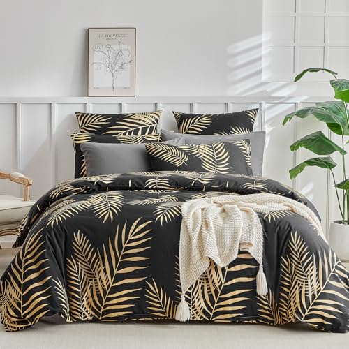 Lekesky Duvet Cover Queen Size, Black and Gold Tropical Palm Leaf Pattern