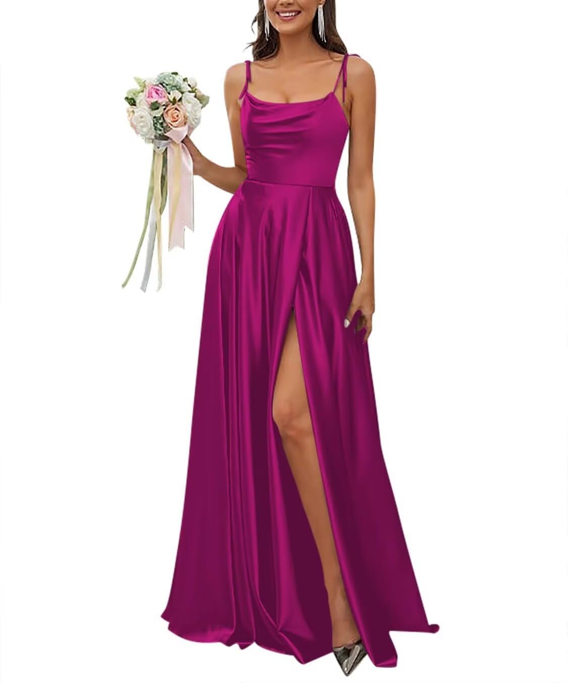 KIYNE Fuchsia Satin Bridesmaid Dresses for Women with Slit Spaghetti Strap Cowl Neck Formal Wedding Guest Dress Party Gown UK14
