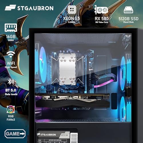 Image of STGAubron Gaming PC Desktop,Intel i7 Xeon E5,RX 580 8G,16G DDR4,512G SSD | Gaming Computer Tower for Streaming,Video Editing,Home,School,E5 up to 3.6GHz,ARGB Fan,WiFi,BT 5.0,4K DP,HDMI,Win11 Home