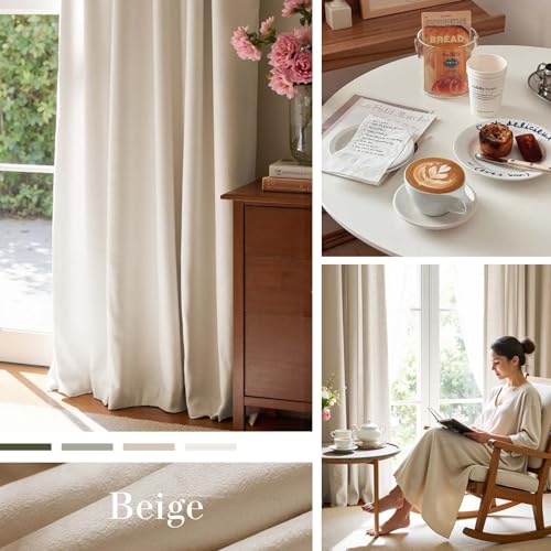 Image of Beige Blackout Polyester Curtains 84 Inch Long Thermal Insulated Room Darkening Lined Curtain Drapes Luxury Back Tab Window Treatments for Bedroom Living Room 2 Panels, 52 x 84 Inch, Cream | Soft Velvet, Room Darkening, Lined, For Bedroom & Living Room, Light Shifting Texture, Elegant Drape, Cozy, Rod Pocket