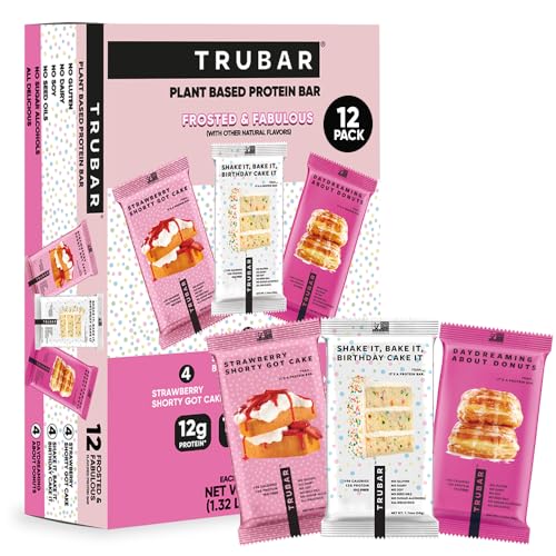 Image of TRUBAR Vegan Protein Bars, Frosted & Fabulous Variety Pack, Donuts, Strawberry Shortcake & Birthday Cake, Gluten Free, Plant Based, High Fiber, Dairy Free, On the Go Healthy Snacks, 12 Count