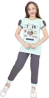 Summer Girls Cotton Pajama Set Pants and T-Shirts Set Green