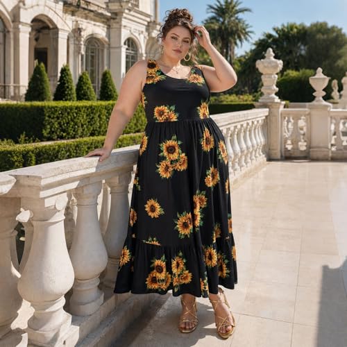 Image of Moon Wood Women's Plus Size Sleeveless Summer Dress Crewneck Tank Casual Flowy Maxi Dress with Pockets Vacation Outfits