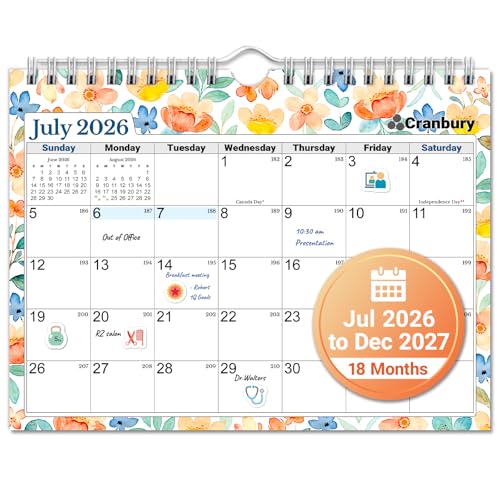 CRANBURY Wall Calendar 2026-2027 8x6 18 Months Jul. 2026 to Dec. 2027 Thick Paper Small Desk & Wall Planner for Office School Mini Monthly Hanging Calendar with Stickers Floral