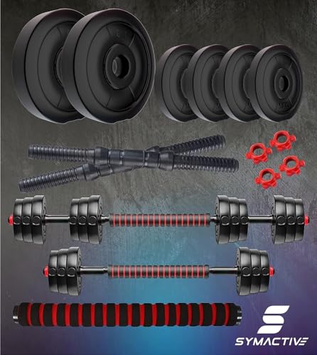 Image of Amazon Brand - Symactive PVC 40kg 3 | in | 1 Convertible Dumbbells Kit for Full Body Workout (10 Kg x 2 + 5 Kg x 4 PVC Weight | 14'' Dumbbell Rods Pair & Nuts | 1 Cushioned Connector Rod) | Multicolor