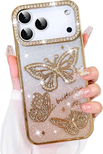 Image of Elzzi Electroplated Butterfly Phone Cover for iPhone 17 Pro Max Case, Showcasing Pearlescent Diamond Soft TPU, Camera Protection, Shockproof, Dropresistant Stylish for Girls & Women (Gold)