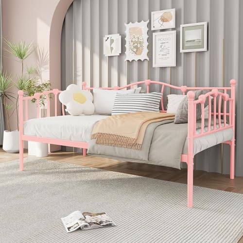 Image of GarveeHome Twin Size Daybed Frame, Sofa Bed with Stylish Headboard, Heavy Duty Steel Slat Support, Space Saving for Living Room /Bedroom /Guest Room, Pink