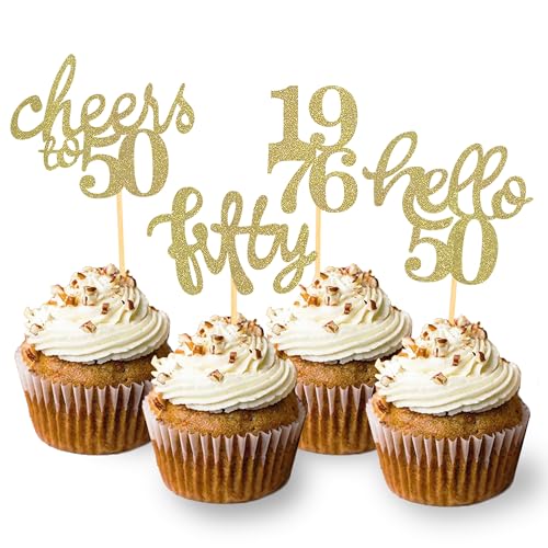 24 Stück Glitzer 50. Geburtstag Cupcake Topper, Geburtstagsdeko 50 von 1976 für Deko zum 50.Geburtstag, 50 Geburtstagsfeier Zubehör Party Dekoration Kuchendekoration (Neu Gold)