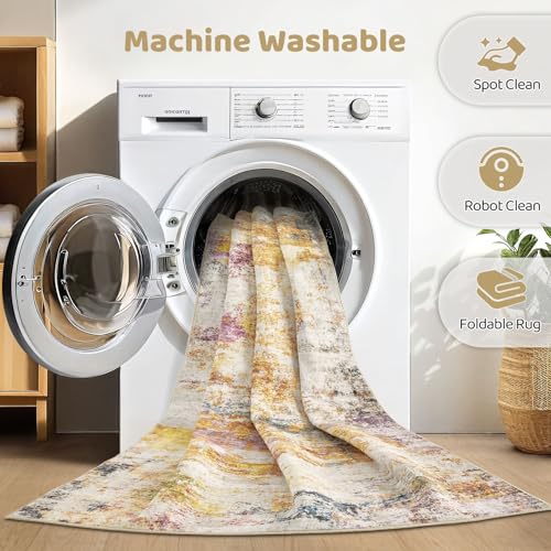 8X10 Area Rugs Living Room: Washable Large Abstract Modern Soft Stain Resistant Indoor Floor Rugs Non Slip Accent Carpet for Bedroom Nursery Playroom Office Dining Room Dorm Home House- Gold Colorful