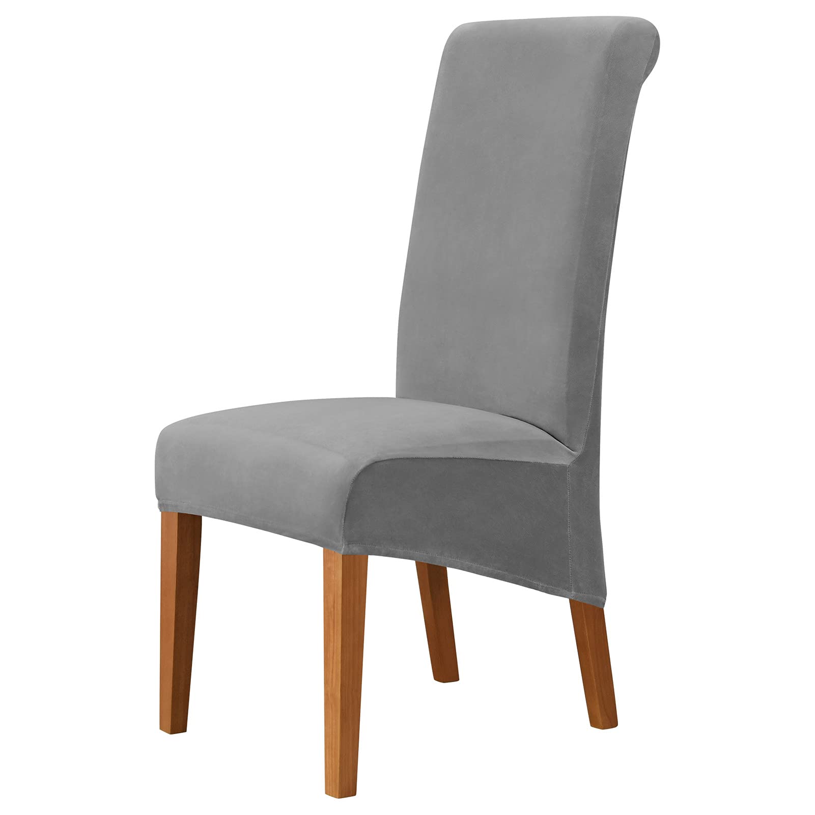 Juego de 2 fundas elásticas de terciopelo lavables y extraíbles para sillas de comedor de respaldo alto, color gris medio, perfectas para protección en casa, banquete y hotel.