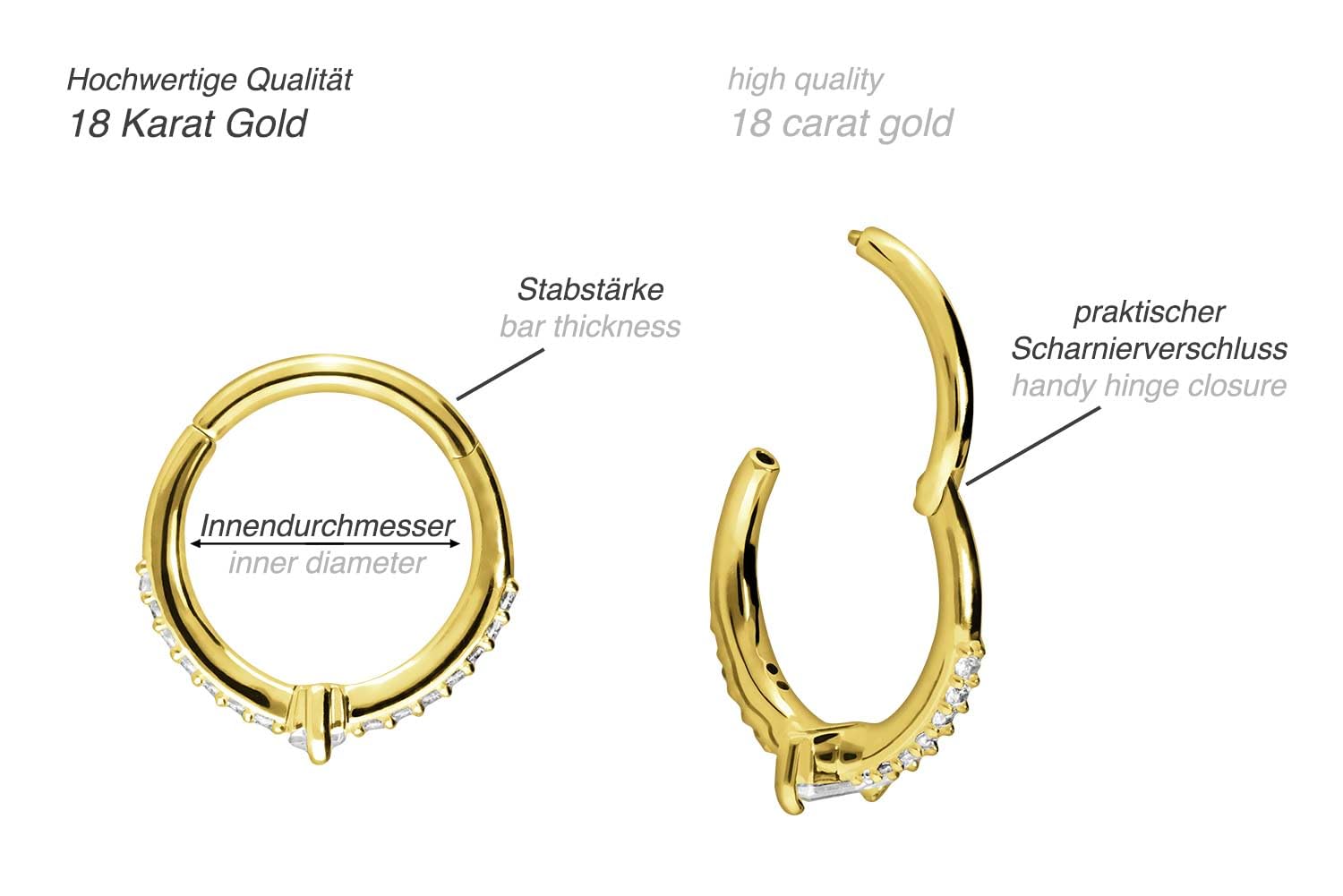 PIERCINGLINE 18 Karat Gold Piercing für Nase, Septum, Ohr, Helix oder Tragus Segmentring Clicker KRISTALLRECHTECK + EINGEFASSTE Kristalle