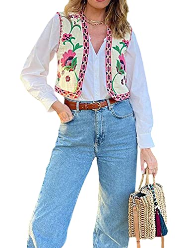 NUFIWI Women Vintage Embroidered Floral Vest Top Y2k Sleeveless Open Front Crop Vest Boho Floral Waistcoat Jacket3