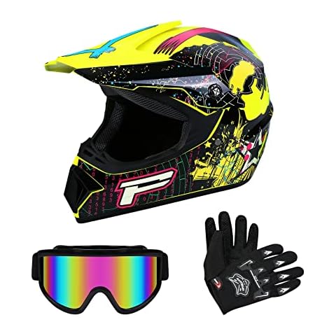 Ambienceo DOT Adult Motocross Helmet fit for ATV UTV MX Off-road with Goggles+Gloves (L), Yellow Cover