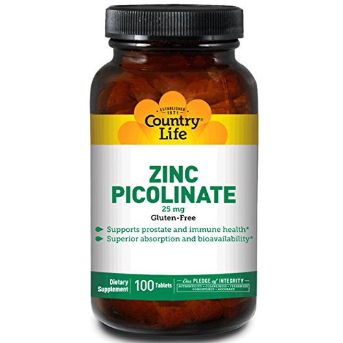Country Life Zinc Picolinate 25mg, Skincare, Prostate and Immune Health, 100 Vegan Capsules