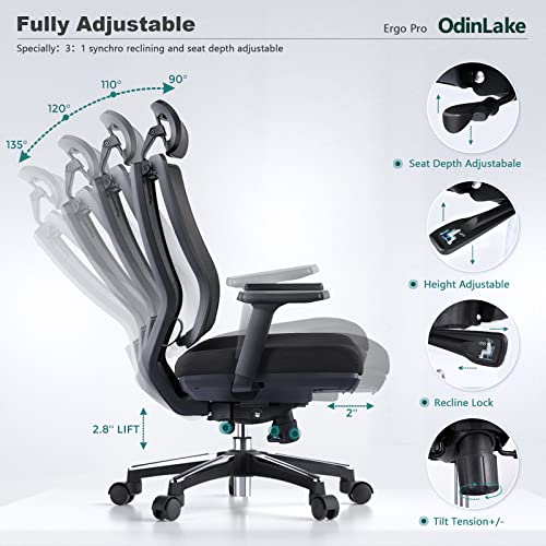 Odinlake Ergonomic Mesh - Seat Depth Adjustable Home Office Desk Chairs High Back With Lumbar Support - Computer Swivel Task Chair With Footrest, Headrest, Pu Wheels (Model: Ergo Pro 633) #TOP3