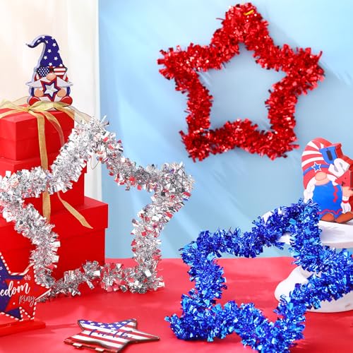 Image of 3 Pcs 4th of July Wreath for Front Door Patriotic Tinsel Wreath Star Tinsel Patriotic Garland Red White and Blue Garland for Memorial Day Independence Day Wall Window Home Party Supplies
