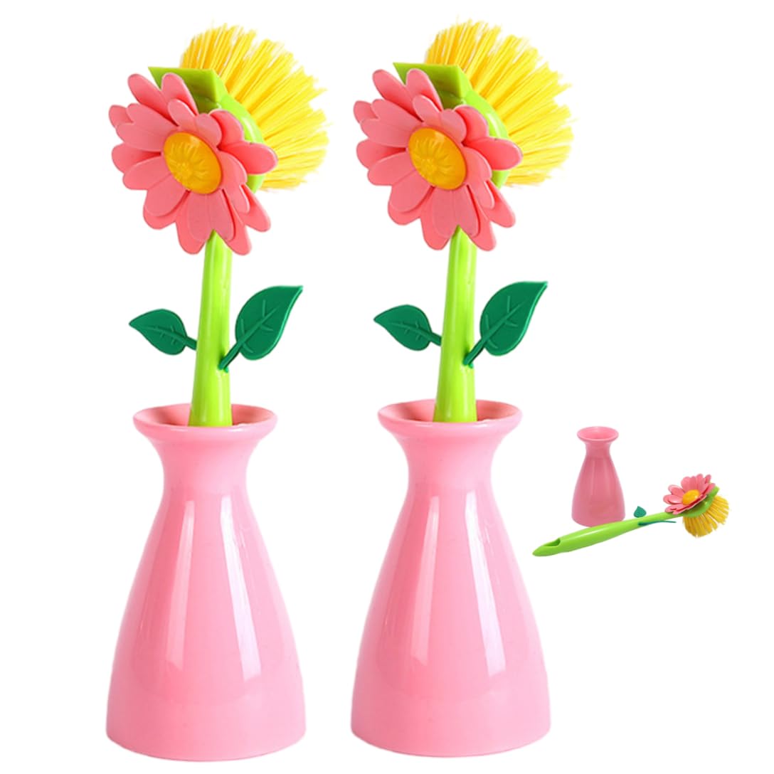 2-Pack Flower Shaped Dish Brush with Holder, Long Handle Non-Scratch Pot Scrubber for Kitchen