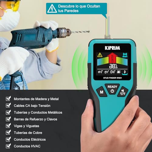 Miniatura 5 de Kiprim Detector De Metales Y Vigas, Detector De Pared 5 En 1 Profesional, Localiza Madera 13 25 38mm , Metales 45mm Y Cables Ac Vivos 70mm Con Pantalla Lcd E Ip54 - Ws01