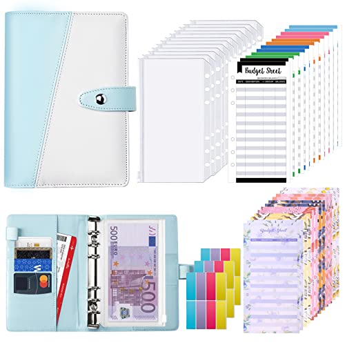 Raccoglitore ad 6 Anelli, Soomeet Raccoglitore con 12 Buste Trasparenti Rimovibile, Raccoglitore Notebook A6, Budget Binder per Risparmio di Denaro per Famiglia Ufficio Scuola (Blu e bianco)