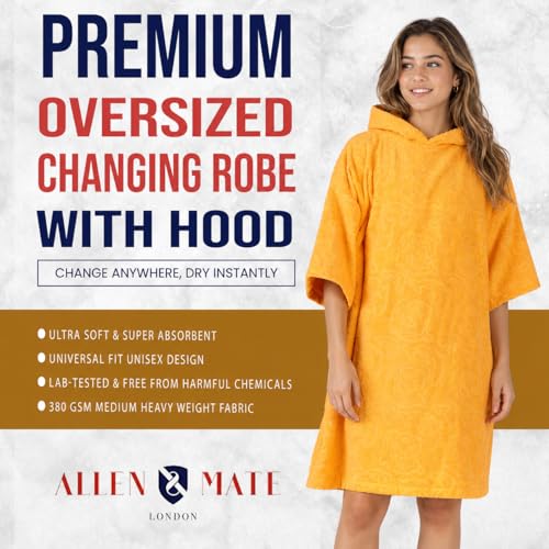Image of ALLEN & MATE 100% Cotton Hooded Surf Poncho Changing Robe - Quick Absorbent Changing Towel with Pocket for Surfing Men Women