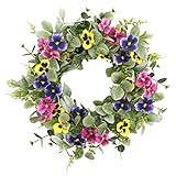 Artificial Spring Summer Wreath with Pansy Flowers,Flocked Lamb Ear Leaves,Eucalyptus Leaves,Fern Br