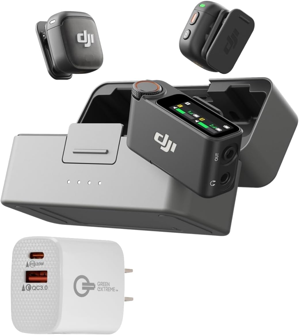 Mic 3 (2 TX + 1 RX + Charging Case), Wireless Microphone for iPhone/Camera/Android, Ultralight, Adaptive Gain Control for Balanced Volume, Dual Band Anti-Interference, Vlog, Wall Charger