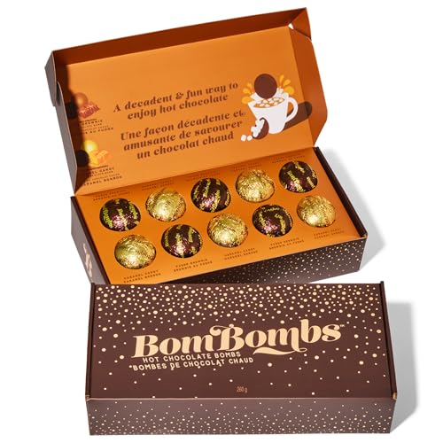 Image of Bombombs Hot Chocolate Bombs, Classic Milk Chocolate Cocoa Bomb Gift Set, Includes 2 Flavors; Caramel Candy and Fudge Brownie Filled with Mini Marshmallows, Set of 10