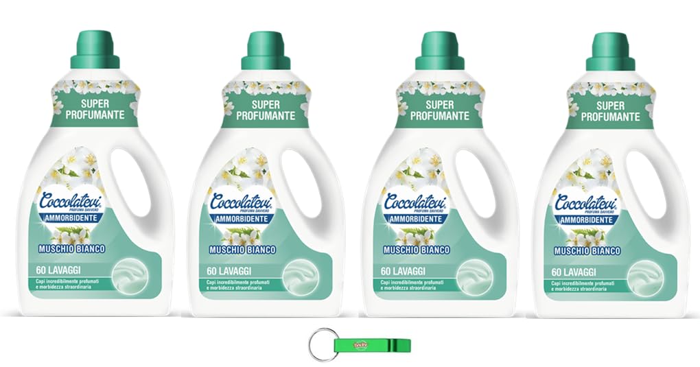 4x Coccolatevi Weichspüler Weißer Moschus,Super duftender Weichspüler,Duftende und weiche Kleidungsstücke,60 Wäschen,3000ml + Beni Culinari Kostenloser Schlüsselanhänger