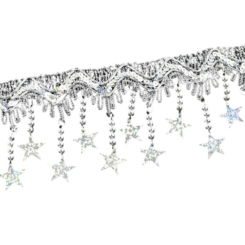 Generisch 1/2/4Meters Star Sequins Tassel Lace Gold Silver Beaded Fringe for Dance Dresses Trim Ribbon Party Tassels Sewing Accessories(RC444-LaserSilver-85,4Meters)