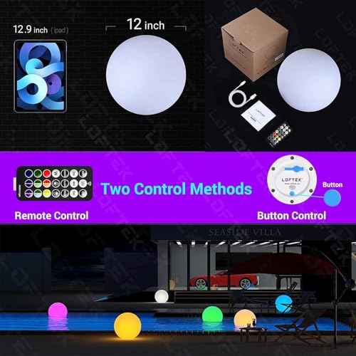 LOFTEK Pool LED Light Ball - 12-inch Sphere Lamp Rechargeable - 16 RGB Cool Lamp for Bedroom Ambient Lighting - Smart Night Light for Baby Nursery - Waterproof Light for Yard & Pool Decor, 1PCS
