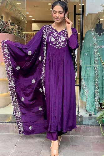 Image of Jwalin Women's Chinon Silk Kurta Pant Set with Dupatta|Kurta Set for Women|Ethnic Set