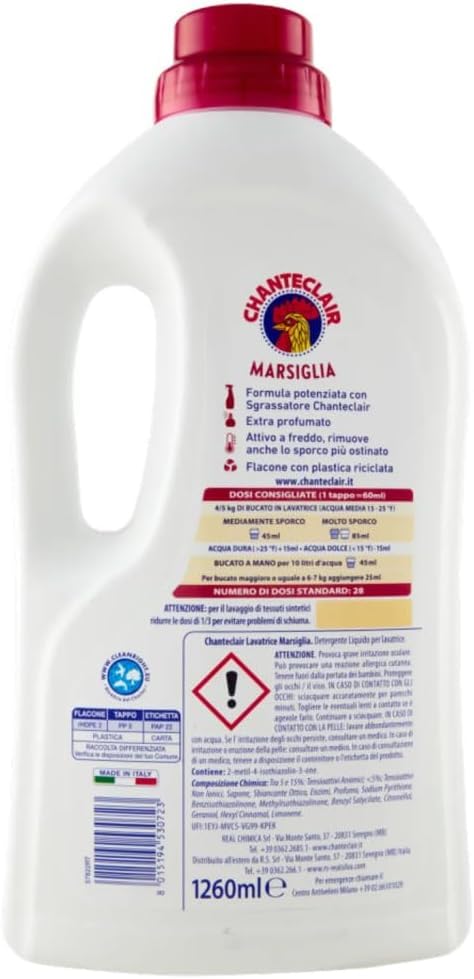 8 x Chanteclair Lavatrice Marsiglia Detersivo Liquido - Detersivo Liquido per lavatrice - Formula detergente con sgrassatore 28 lavaggi 1260 ml + spugna piatti KIT CREATO DA GALLIK