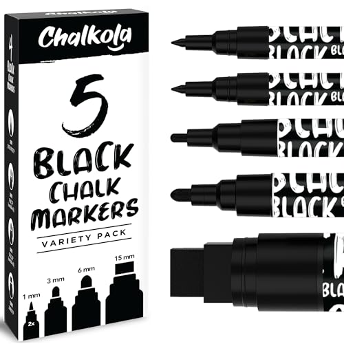 Chalkola 5 Black Liquid Chalk Markers for Blackboard, Chalkboard Signs, Car Windows, Glass - Washable Black Dry Erase Markers | Variety Pack - Fine & Jumbo Size Chalk Pen (1mm, 3mm, 6mm, 15mm)