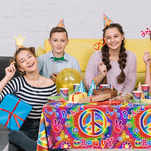 Image of Tie Dye Birthday Party Supplies, 60's Hippie Theme Tablecloth 3Pcs Groovy Hippie Table Cover Peace Love tie dye Table Cloths for Parties
