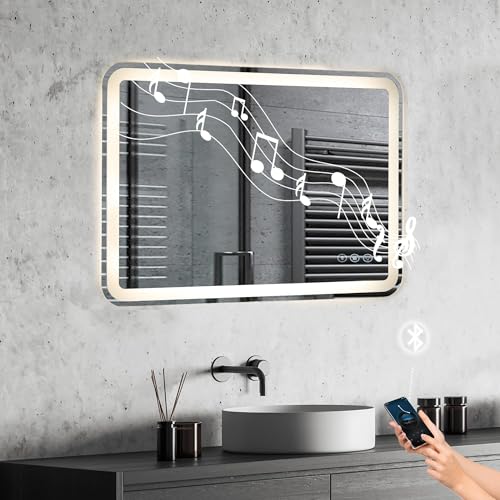 EROMMY Badspiegel mit Beleuchtung 60x80CM mit Steckdose,Entfoggen,Dimmbar,3 Farbtemperaturen Badezimmerspiegel,Led Spiegel mit Touch-Schalter und Speicherfunktion