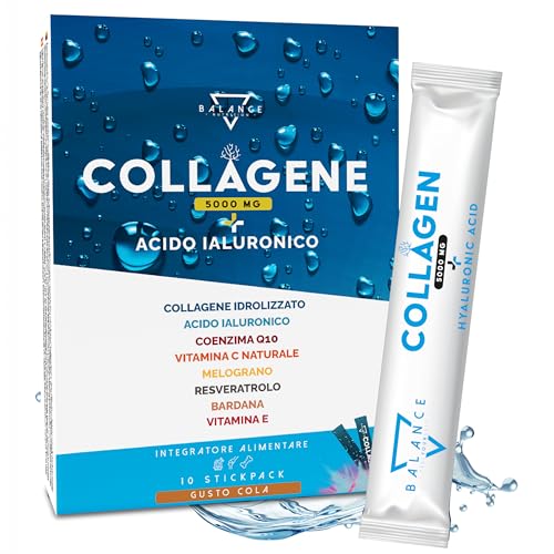 COLLAGENE IDROLIZZATO 5000MG | Collagene e Acido Ialuronico | Collagene da Bere, Coenzima Q10, Vitamina C Naturale, Melograno, Resveratrolo, Acido Alfa Lipoico, Bardana | 10 Stickpack Liquidi