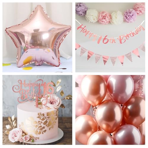 Image of Jobkoo Girls 16th Birthday Decorations, Retro Pink Nude Sweet 16 Balloon Set Happy 16th Birthday Banner Cake Topper Dusty Pink Beige Rosegold Star Balloons for Boho 16 Year Old Bday Party Decoration