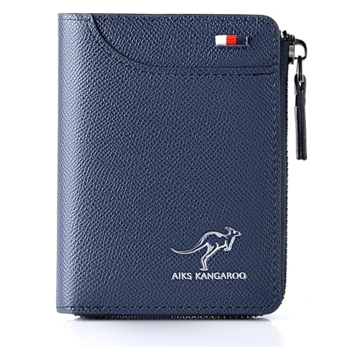 Image of Men Wallet Zipper Genuine Leather Purs, Aiks Kangaroo Wallets, PU Stylish Soft Simple Design RFID Protected Wallet (Textured Blue)
