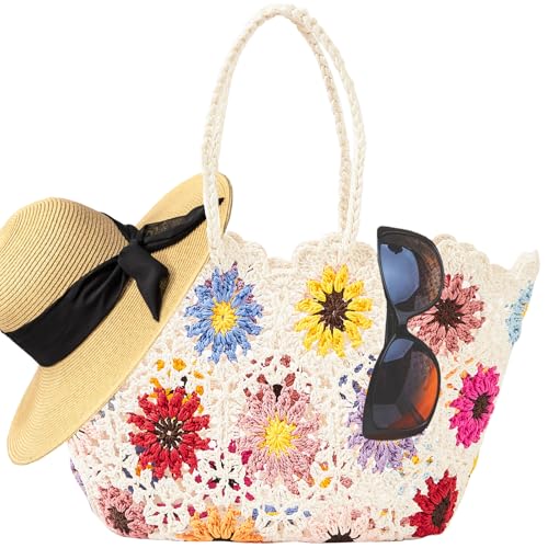 TOFUNTOY Beach Bags for Women Straw Tote Bag Floral Straw Bag Beach Straw Bag Large Tote Handbag Summer Beach Bag for Vacation Holiday (Colorful)
