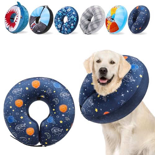Image of SCENEREAL Dog Cone Alternative After Surgery Donut Collar, Soft Pet Recovery Pillow Collar for Medium Large Dogs, Inflatable Adjustable Neck Collars to Prevent Licking, Planet Print E-Collars L
