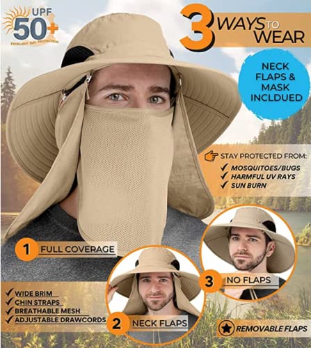 Image of 24x7 eMall Fishing Hat, Sun Hat, 360UV Outdoor Sun Protection, Summer Unisex Cap Removable Neck Face Mask Head for Gardening, Beach, Boating, Fishing. Beige