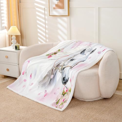 Image of Feelyou White Horse Sherpa Throw Blanket 50 inchx60 inch Boys Girls Gift