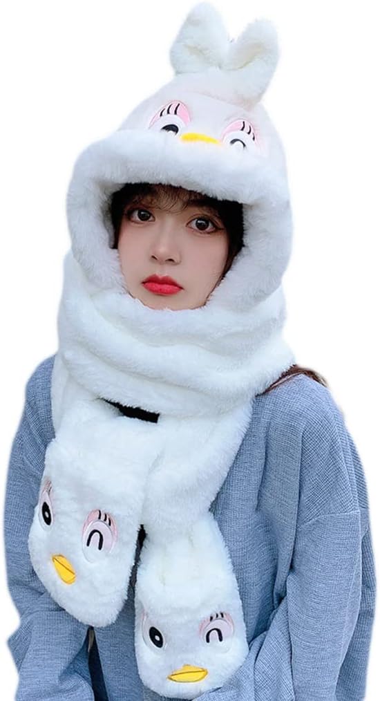 Scarf,Fashion Hat 3 in 1 Furry Hat Scarf Gloves Hooded Scarf with Mittens Headband Cap for Women Teen Girls Gifts Scarf(White)