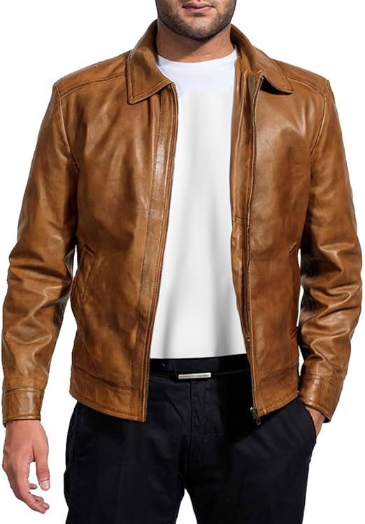 Men’s Vintage Lambskin Leather Trucker Classic Shirt Collar Style Motorcycle Cowboy Jacket