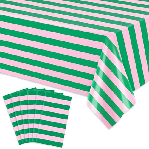 JarThenaAMCS 6Pcs Stripe Plastic Tablecloth Disposable Table Cloth Pink Green Rectangle Table Cover for Birthday Baby Shower Wedding Party Picnic Supplies 54 x 108 Inch