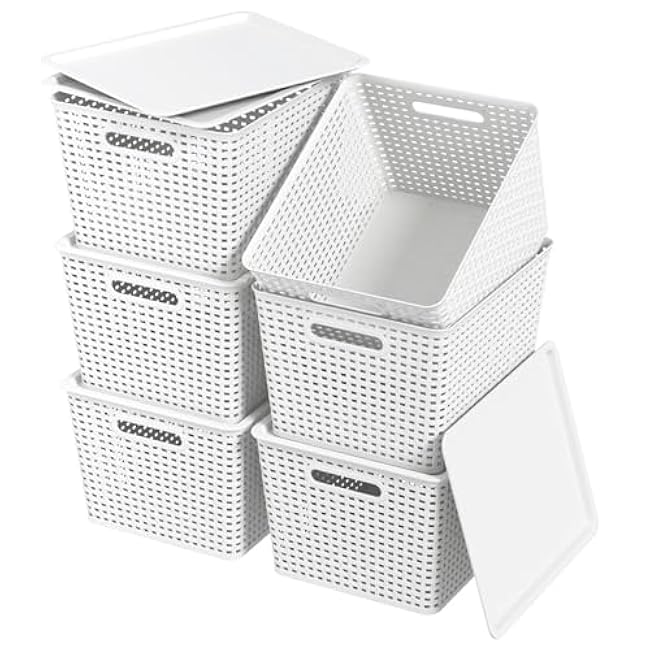 Anbers Lidded Storage Baskets, White, Plastic Organizer Baskets, Pack of 6