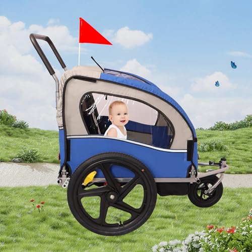 2-in-1 2 Seat Bicycle Trailer & Jogger Stroller for Kids and Pets, Foldable with Pivot Front Wheel, All-Terrain Tires, Safety Harness