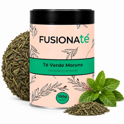 FUSIONATÉ Té Verde Moruno con Hierbabuena a Granel, Lata 150 g de Té Natural Refrescante y Aromático, 100% Natural, Ideal para Infusión Caliente o Fría
