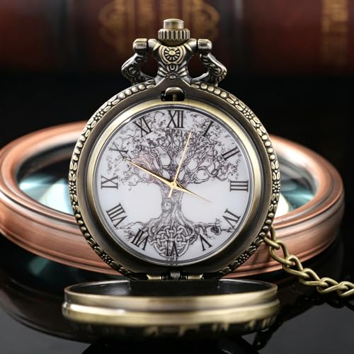 Image of Tiong Pocket Watch Hollow Tree of Life Design Roman Numerals Engraved Bible Verse Quartz Pocket Watch with Chain Custom Pocket Watch Birthday Gifts
